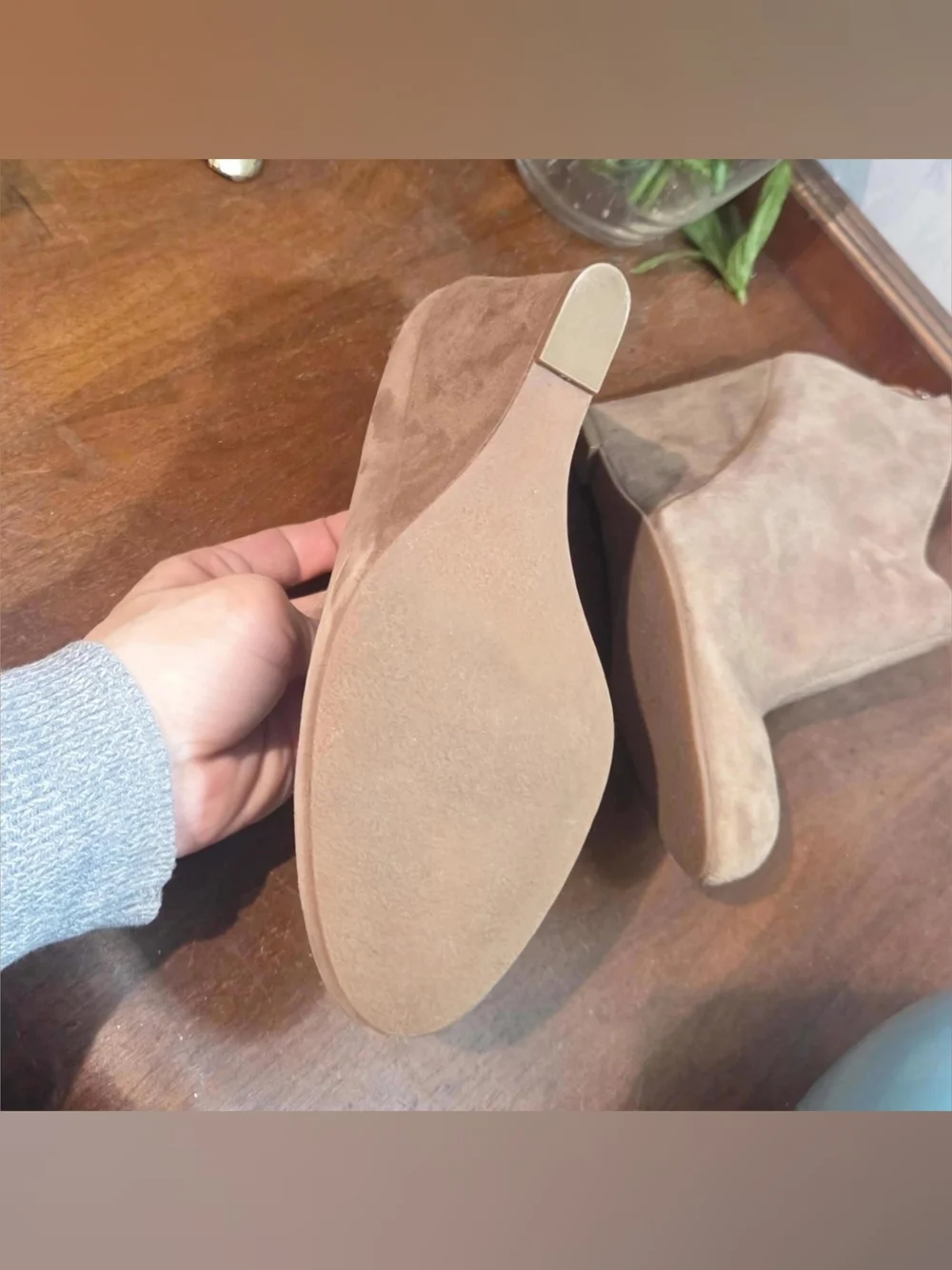 Anne Klein Ankle Booties Taupe Suede Wedge Heels Zip Tassel Womens 7.5 Torny